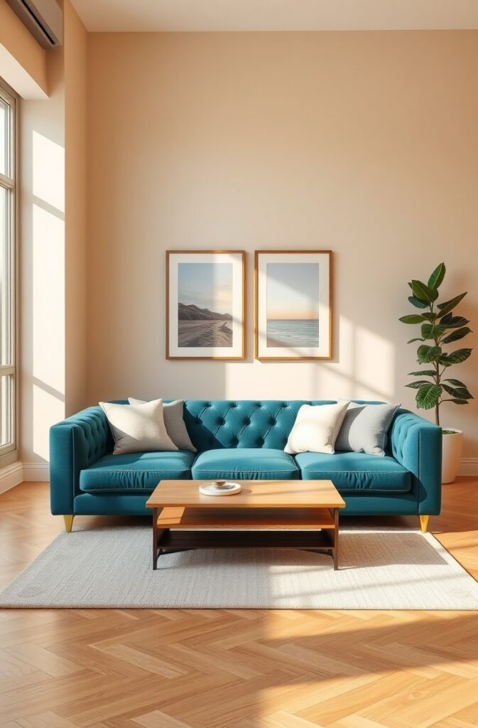 a contemporary living room. A luxurious teal velvet sofa with tufted cushions sits prominently at the center of the space, catching natural daylight from a large window on the left. The sofa's deep, cool teal hue contrasts elegantly with the soft beige walls. The flooring is smooth warm oak wood, with a subtle satin finish that reflects soft light. A textured cream area rug is placed under a sleek coffee table made of light wood and glass. Behind the sofa, beautiful framed art in muted tones hangs symmetrically. To the side, a tall indoor plant in a ceramic pot adds greenery. The lighting is soft and ambient. Cushions in complementary tones like off-white and soft grey are arranged on the sofa. The entire scene exudes calm sophistication and modern luxury.
