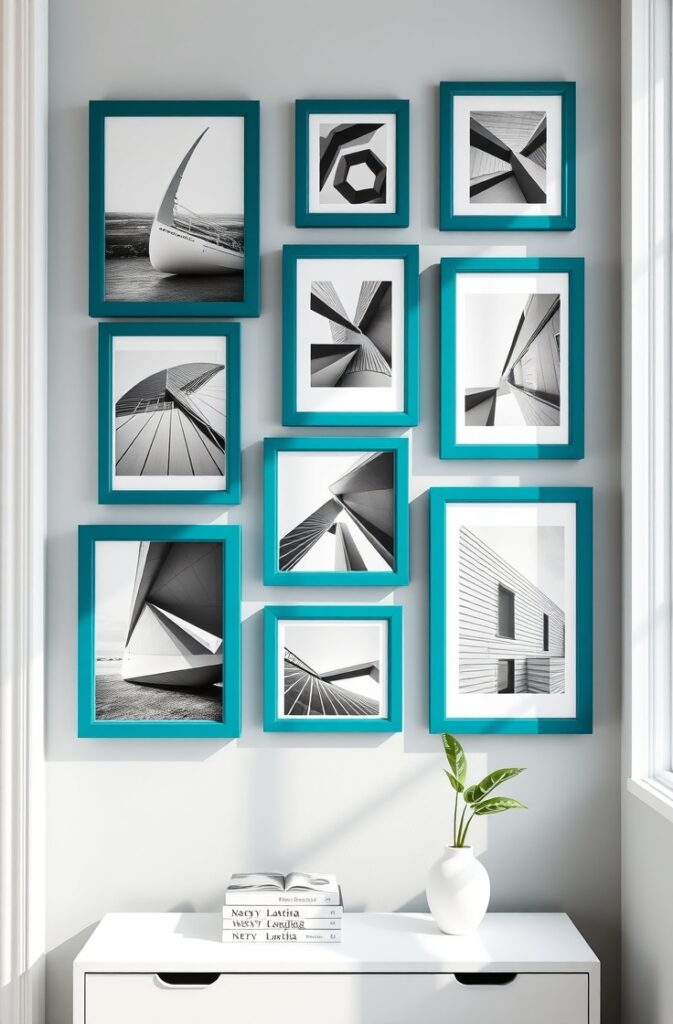 wall featuring a stylish gallery arrangement of black-and-white photographs and minimalist art prints, each framed in matte teal wood frames with clean, sharp edges. The gallery wall is set against a smooth, light gray painted surface that enhances the vivid teal color. The frames vary in size and shape, including squares and rectangles, arranged in a balanced but asymmetrical pattern. Soft natural light from a nearby window gently illuminates the frames, creating subtle shadows and highlighting the textured matte finish of the teal frames. Below the gallery, a sleek white console table holds a small stack of books and a simple green potted plant in a white ceramic pot, adding freshness and contrast to the modern, dynamic display.
