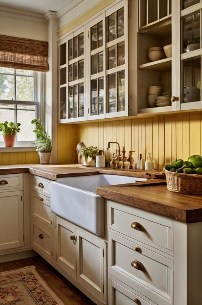 A cozy cottage-style kitchen with a creamy yellow beadboard backsplash running from the countertop to the bottom of white shaker-style upper cabinets. The cabinetry is painted soft white with antique brass knobs, and the countertops are butcher block with a natural finish. Above the backsplash, two vintage-style brass sconces with curved arms and white shades provide warm lighting. A white farmhouse sink sits beneath a window framed in matching yellow trim. The flooring is wide-plank pine with a matte finish. Interior photography, high-resolution, 4K, inviting cottage kitchen with handcrafted charm and warm color tones