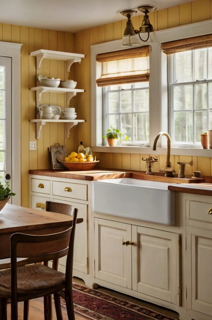 A cozy cottage-style kitchen with a creamy yellow beadboard backsplash running from the countertop to the bottom of white shaker-style upper cabinets. The cabinetry is painted soft white with antique brass knobs, and the countertops are butcher block with a natural finish. Above the backsplash, two vintage-style brass sconces with curved arms and white shades provide warm lighting. A white farmhouse sink sits beneath a window framed in matching yellow trim. The flooring is wide-plank pine with a matte finish. Interior photography, high-resolution, 4K, inviting cottage kitchen with handcrafted charm and warm color tones