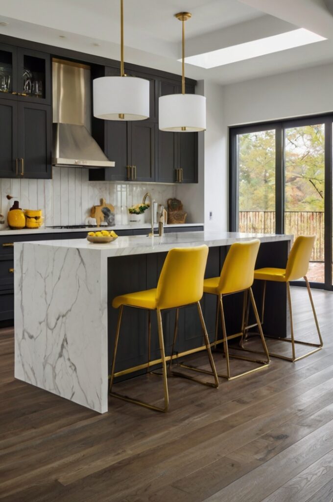 A modern kitchen with a large white quartz island featuring three bright yellow metal bar stools with low backs and clean lines. The island has a waterfall edge and integrated sink with a matte black faucet. Surrounding cabinetry is soft gray with flat-panel doors and minimal hardware. A white subway tile backsplash runs to the ceiling behind a stainless steel range hood. Natural oak flooring adds warmth, and two clear glass pendant lights hang above the island. Large windows fill the space with daylight, highlighting the yellow stools as the focal point. Interior photography, high-resolution, 4K, clean contemporary design with a bold accent.