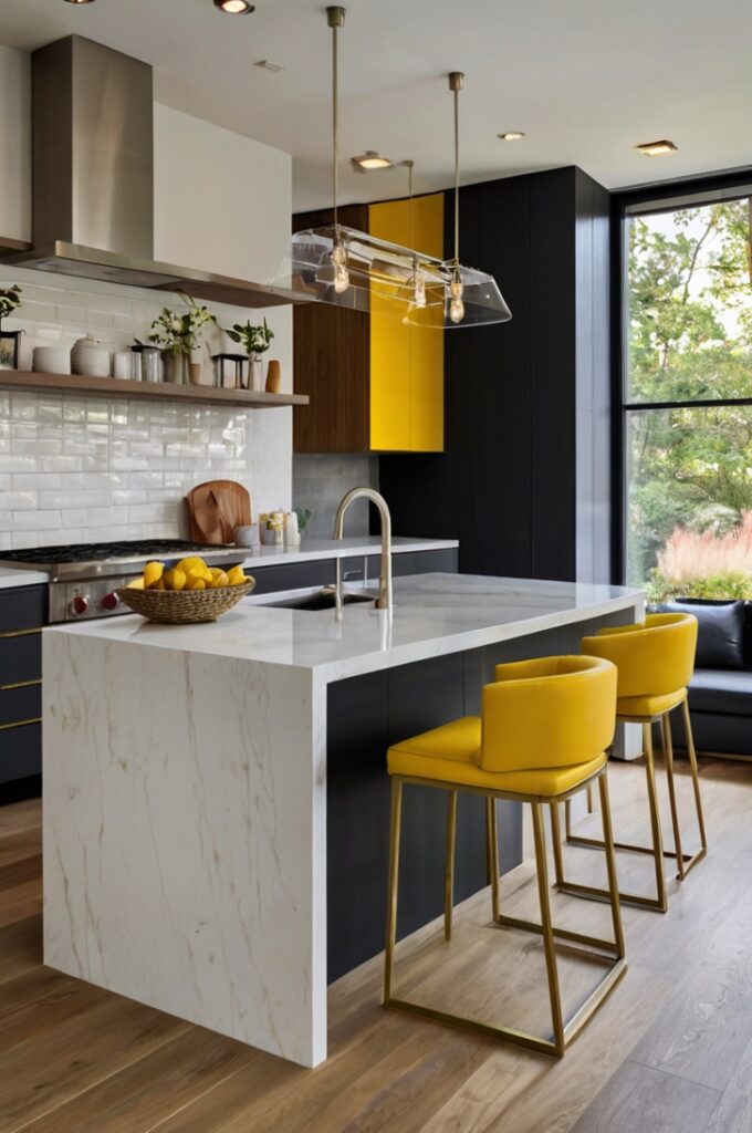 A modern kitchen with a large white quartz island featuring three bright yellow metal bar stools with low backs and clean lines. The island has a waterfall edge and integrated sink with a matte black faucet. Surrounding cabinetry is soft gray with flat-panel doors and minimal hardware. A white subway tile backsplash runs to the ceiling behind a stainless steel range hood. Natural oak flooring adds warmth, and two clear glass pendant lights hang above the island. Large windows fill the space with daylight, highlighting the yellow stools as the focal point. Interior photography, high-resolution, 4K, clean contemporary design with a bold accent.