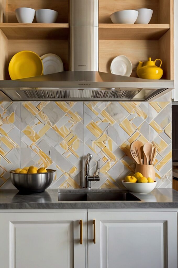 A modern neutral kitchen with matte white upper cabinets and light gray lower cabinets, accented by soft yellow ceramic vases, a yellow-striped linen curtain above the sink, and a pale yellow utensil holder on the marble countertop. The backsplash is white herringbone tile, and the floor is light oak. A stainless steel range and hood sit centered on the back wall, flanked by open wood shelves displaying white and yellow dishware. Natural light from a large window brightens the space. Interior photography, high-resolution, 4K, subtle and cheerful kitchen with refined yellow accents.