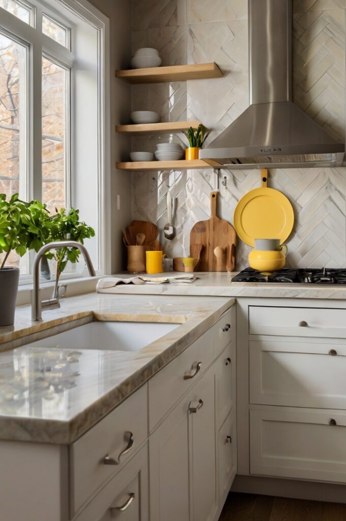 A modern neutral kitchen with matte white upper cabinets and light gray lower cabinets, accented by soft yellow ceramic vases, a yellow-striped linen curtain above the sink, and a pale yellow utensil holder on the marble countertop. The backsplash is white herringbone tile, and the floor is light oak. A stainless steel range and hood sit centered on the back wall, flanked by open wood shelves displaying white and yellow dishware. Natural light from a large window brightens the space. Interior photography, high-resolution, 4K, subtle and cheerful kitchen with refined yellow accents.
