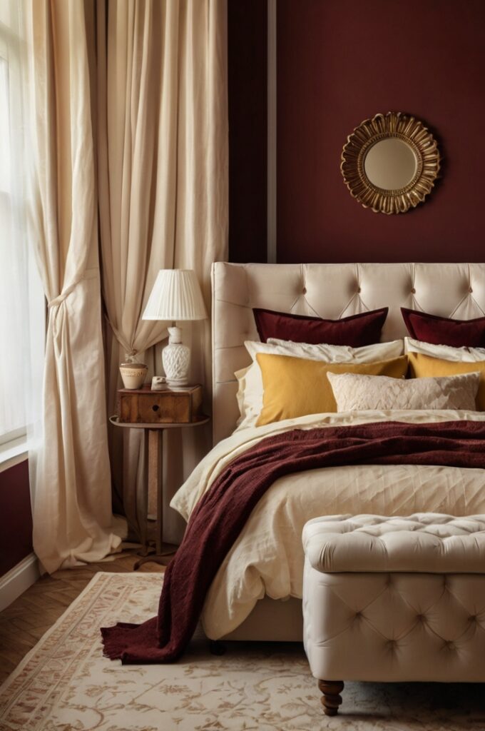 Airy vintage bedroom with rich Bordeaux walls, chamomile green accents in bedding and decor, cream furniture and curtains, soft natural lighting, delicate antique details, fresh and serene atmosphere, balanced warm and light tones
