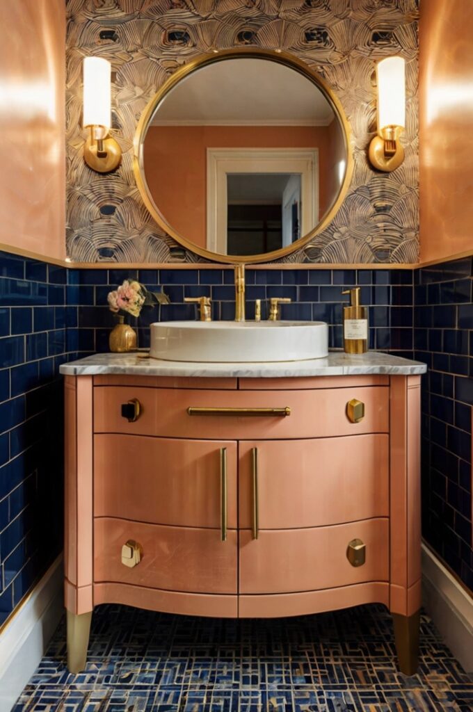 Art Deco bathroom featuring midnight blue tiles with geometric patterns and polished brass accents, peach-hued vanity with curved edges and gold hardware, round brass-framed mirror mounted above the vanity, rust-colored towels neatly folded on a brass towel rack, soft ambient lighting from vintage globe sconces, light marble floor tiles enhancing the refined desert sunset palette, elegant and luxurious atmosphere.