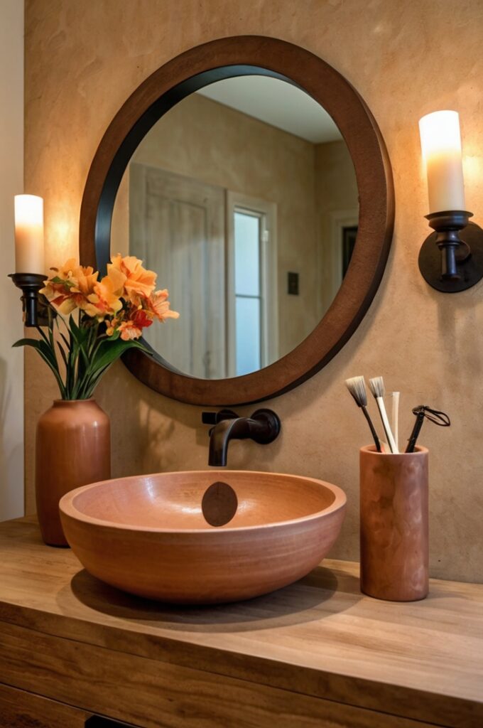 Bathroom with a matte terra-cotta vessel sink mounted on a natural wood vanity, cantaloupe-colored ceramic candleholders arranged beside the sink, large circular mirror with a thin bronze frame above, light beige textured walls, soft warm lighting, and minimal decorative elements creating an earthy, elegant, and peaceful atmosphere.