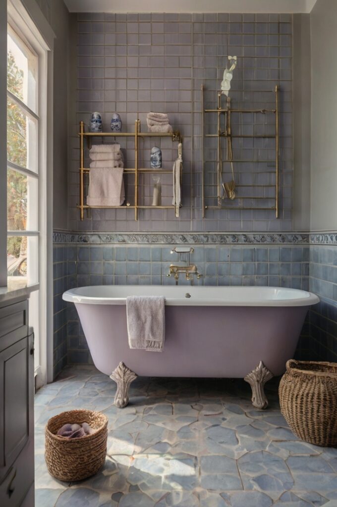 Bathroom with soft cream walls, dusty lavender tiles and accents, dusty blue cabinetry and textiles, soothing pastel palette, natural soft dawn light, delicate vintage details, serene and airy atmosphere, fresh botanical elements
