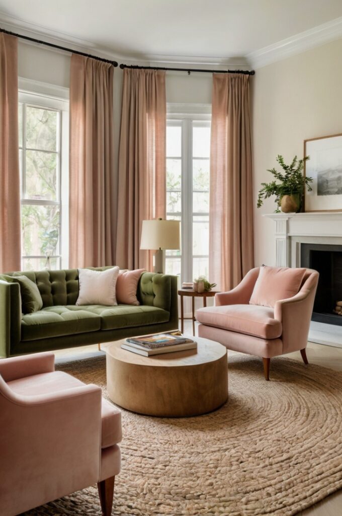 Beautiful living room with olive green velvet armchairs and soft blush pink curtains, set against warm white walls. The space includes a neutral-toned sofa, a natural wood coffee table, and a woven jute rug. Simple wall art adds elegance, while soft natural light enhances the earthy, balanced color palette.