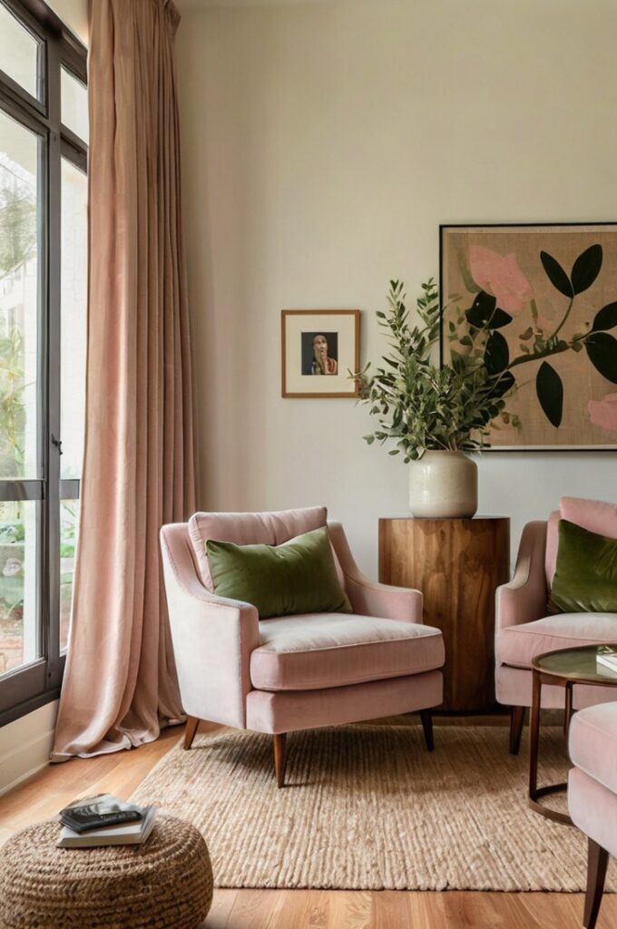 Beautiful living room with olive green velvet armchairs and soft blush pink curtains, set against warm white walls. The space includes a neutral-toned sofa, a natural wood coffee table, and a woven jute rug. Simple wall art adds elegance, while soft natural light enhances the earthy, balanced color palette.
