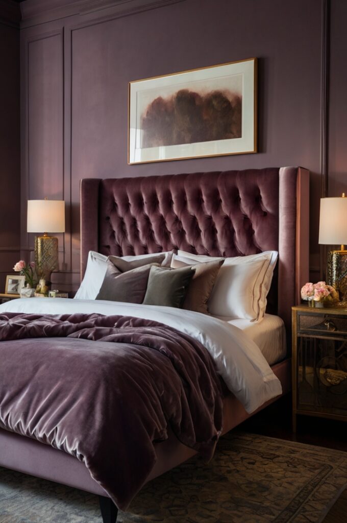 Bedroom featuring a plush velvet upholstered headboard in deep moody mauve, soft sheen texture reflecting ambient light, bed as central focal point, elegant and romantic atmosphere, subtle shadows emphasizing velvet’s richness, elegant surroundings with muted tones.