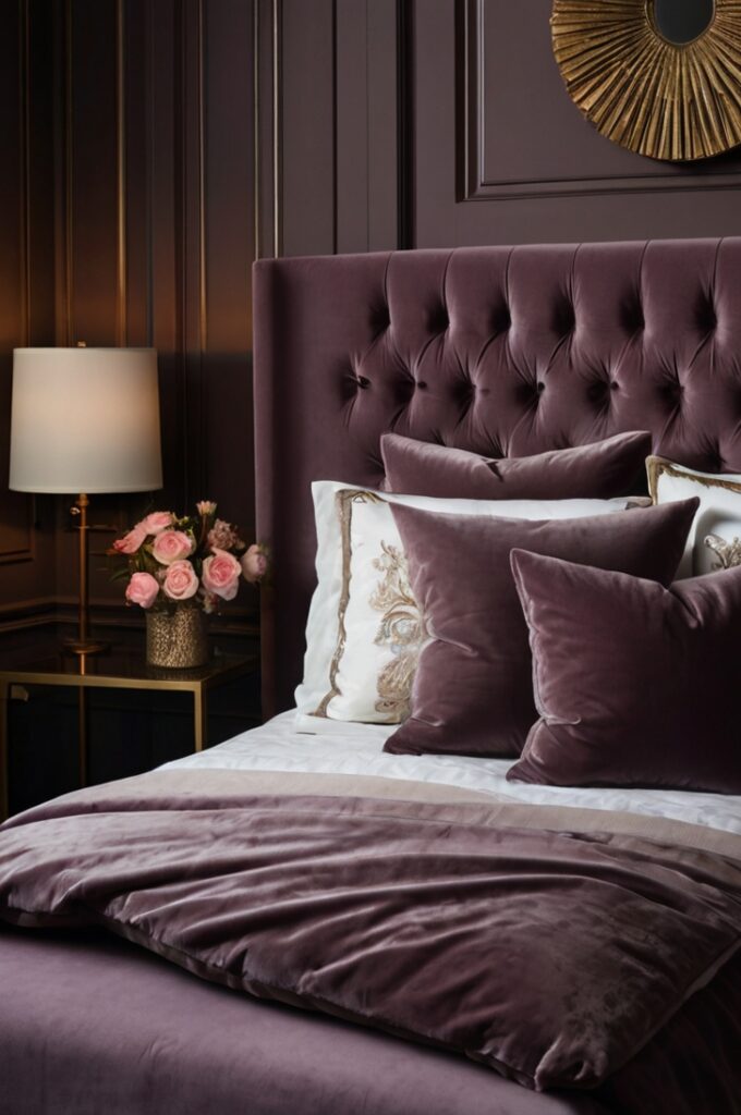Bedroom featuring a plush velvet upholstered headboard in deep moody mauve, soft sheen texture reflecting ambient light, bed as central focal point, elegant and romantic atmosphere, subtle shadows emphasizing velvet’s richness, elegant surroundings with muted tones.