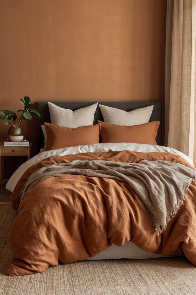 Bedroom with a cantaloupe-colored linen duvet and sheets neatly spread across a low-profile bed, accented with terracotta clay-toned pillows in varying textures and sizes, light wooden bed frame, soft natural morning light filtering through sheer curtains, warm neutral walls, and minimal decor for a calm, elegant, and earthy ambiance.
