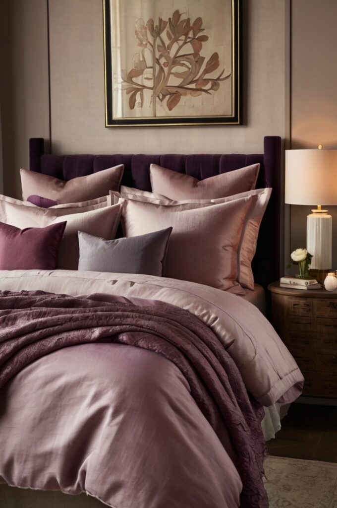 Bedroom with bed dressed in layered bedding featuring varying shades of mauve, from dusty pink to rich plum, combination of silk, linen, and cotton fabrics, textures creating depth and warmth, cozy and elegant ambiance, soft natural light highlighting fabric details.