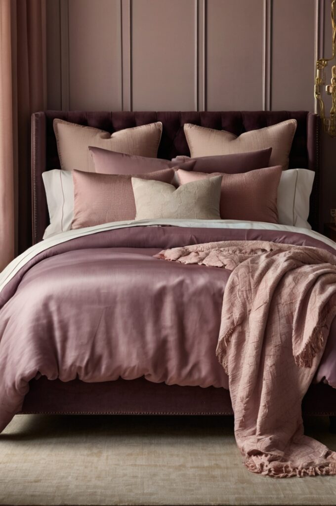 Bedroom with bed dressed in layered bedding featuring varying shades of mauve, from dusty pink to rich plum, combination of silk, linen, and cotton fabrics, textures creating depth and warmth, cozy and elegant ambiance, soft natural light highlighting fabric details.