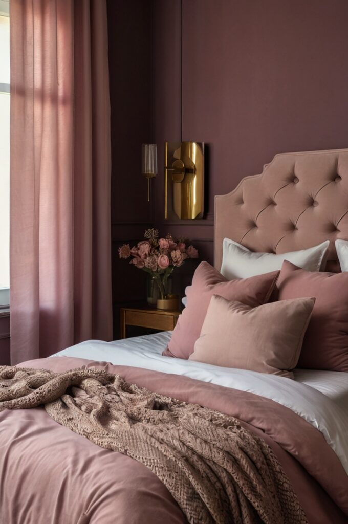 Bedroom featuring deep moody mauve walls, bed with mauve duvet cover layered with soft blush throw pillows, mix of velvet and linen textures, warm ambient lighting casting gentle shadows, elegant romantic atmosphere with balanced color harmony, plush area rug beneath bed, minimal decorative accents in gold tones.
