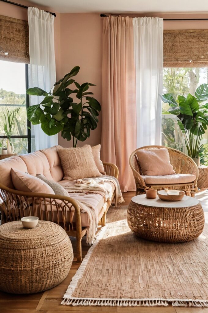 Boho chic living room with blush pink accents, featuring a blush linen sofa, natural rattan armchairs, and a round rattan coffee table. Pampas grass in a large ceramic vase stands beside the seating area. A multicolored patterned rug grounds the space. Soft natural light filters through sheer curtains, enhancing the relaxed, earthy atmosphere.