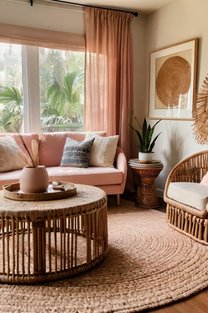 Boho chic living room with blush pink accents, featuring a blush linen sofa, natural rattan armchairs, and a round rattan coffee table. Pampas grass in a large ceramic vase stands beside the seating area. A multicolored patterned rug grounds the space. Soft natural light filters through sheer curtains, enhancing the relaxed, earthy atmosphere.