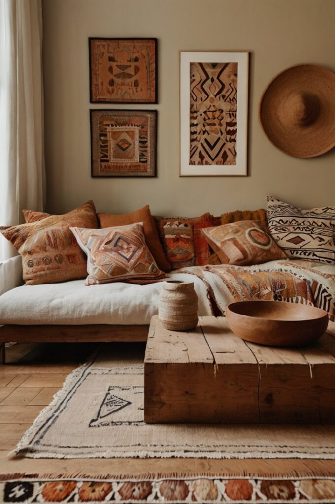Boho living room with a low-profile linen sofa covered in layered earthy textiles, including tribal-patterned throw, thick wool blanket, and embroidered cantaloupe-colored cushions, natural jute rug on a wooden floor and a gallery wall of neutral-toned art, all softly lit to create a warm, curated, and eclectic atmosphere.