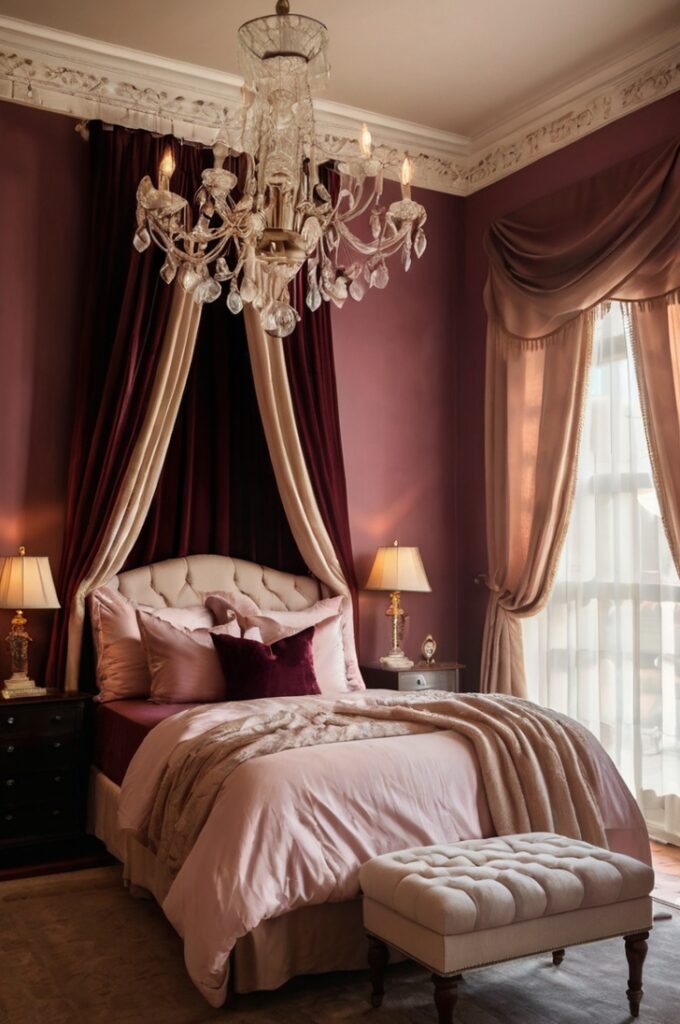 Boudoir-style bedroom with rich Bordeaux walls, soft dusty rose bedding and accents, ivory drapes and furniture, romantic and gentle atmosphere, elegant vintage details, warm soft lighting, delicate textures, intimate and cozy ambiance