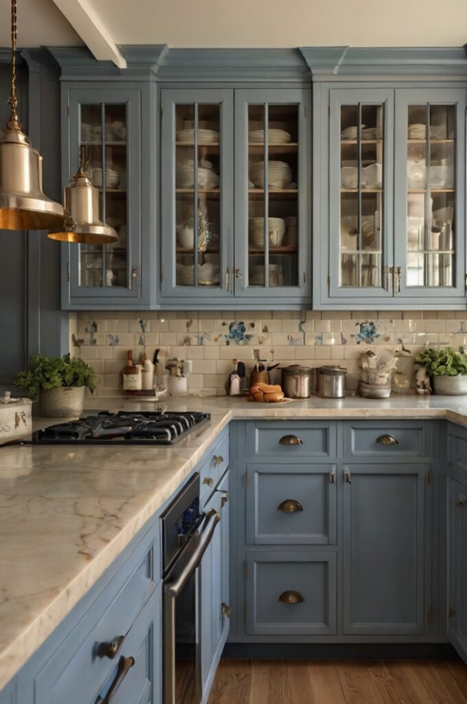 Chic vintage-inspired kitchen with dusty blue cabinetry, pewter metallic hardware and accessories, cream walls and countertops, soft natural lighting, elegant muted tones, refined textures, balanced cool and warm hues, understated and sophisticated atmosphere