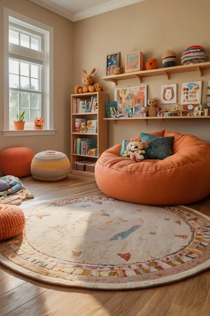Children’s playroom with large cantaloupe-colored floor cushions arranged on a light wood floor, clay-toned wall decals in playful shapes scattered across soft neutral walls, low wooden shelves filled with books and toys, natural fiber rug in the center, and warm diffused daylight creating a fun, grounded, and creatively styled environment.
