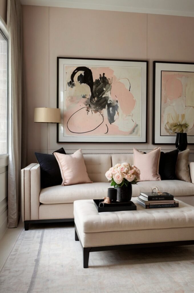 Contemporary living room with blush-toned contemporary art pieces displayed prominently on crisp white walls, creating a gallery-like atmosphere. The space features a low-profile neutral beige sofa, a simple black coffee table, and a soft ivory rug. Subtle blush accents appear in decorative pillows and a ceramic vase, allowing the artwork to remain the focal point while maintaining a cohesive, modern aesthetic.