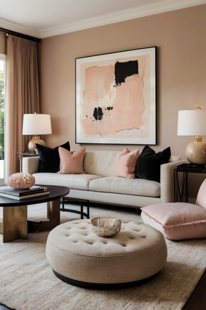 Contemporary living room with blush-toned contemporary art pieces displayed prominently on crisp white walls, creating a gallery-like atmosphere. The space features a low-profile neutral beige sofa, a simple black coffee table, and a soft ivory rug. Subtle blush accents appear in decorative pillows and a ceramic vase, allowing the artwork to remain the focal point while maintaining a cohesive, modern aesthetic.