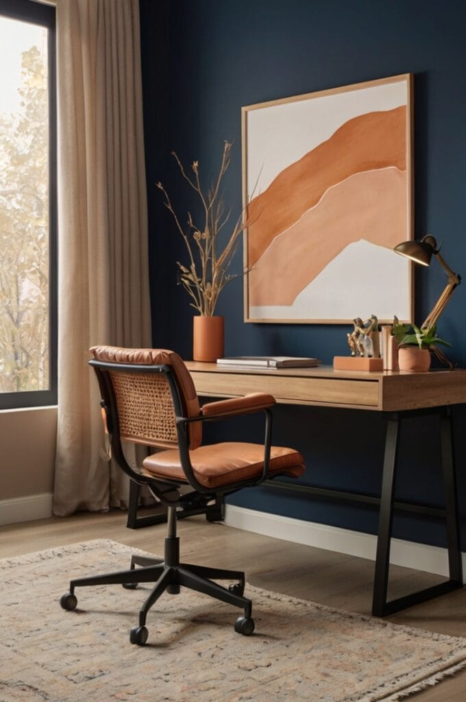 Photorealistic, Contemporary office with one midnight blue accent wall, sleek wooden desk topped with minimalist peach accessories including a ceramic vase and desk organizer, rust leather swivel chair with clean lines, light neutral walls surrounding the accent, large window letting in natural light, textured beige rug underfoot, modern black metal floor lamp casting warm light, simple framed desert landscape print on adjacent wall.