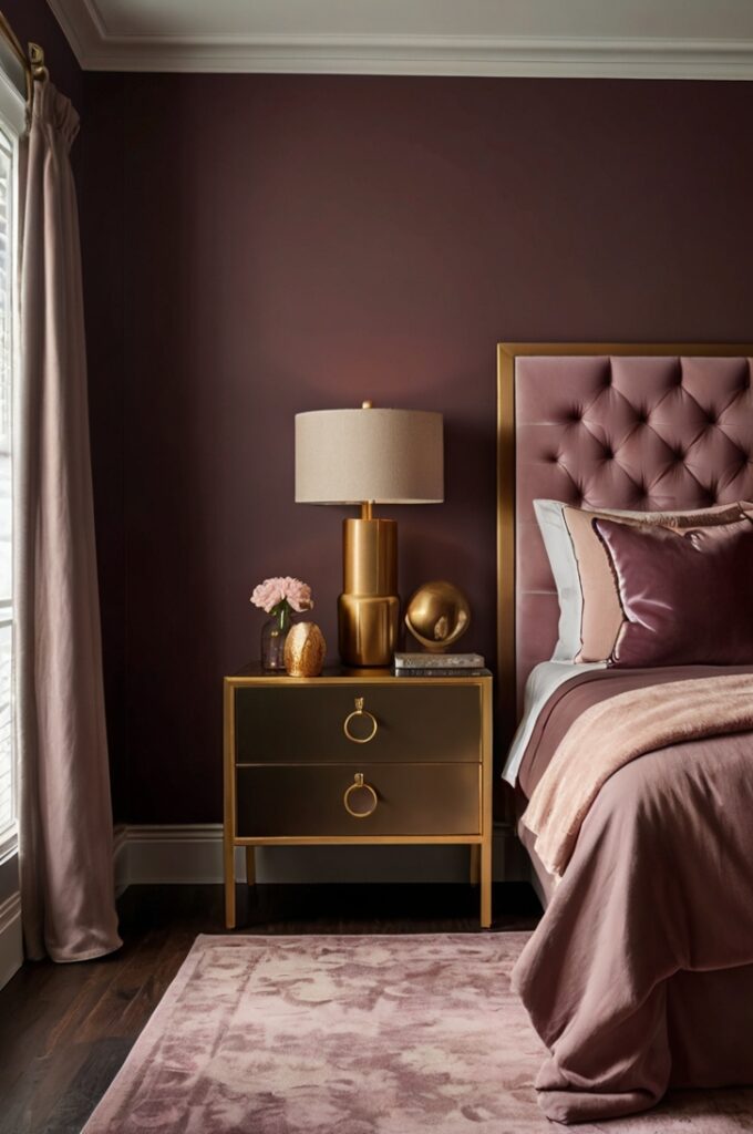 Cozy bedroom featuring deep moody mauve walls painted matte finish, gold brass door handles and drawer knobs, two gold-framed rectangular mirrors mounted above matching bedside tables, warm soft glow from gold bedside lamps with fabric shades, plush velvet mauve bedding, dark hardwood floors, subtle shadows emphasizing richness, regal and intimate atmosphere