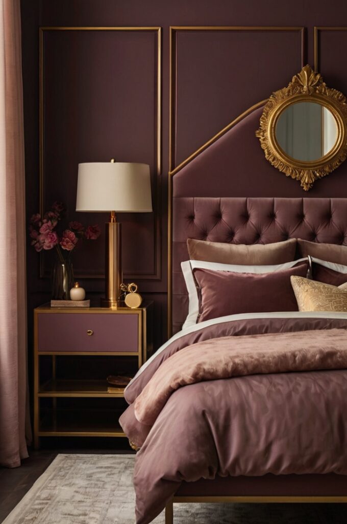 Cozy bedroom featuring deep moody mauve walls painted matte finish, gold brass door handles and drawer knobs, two gold-framed rectangular mirrors mounted above matching bedside tables, warm soft glow from gold bedside lamps with fabric shades, plush velvet mauve bedding, dark hardwood floors, subtle shadows emphasizing richness, regal and intimate atmosphere