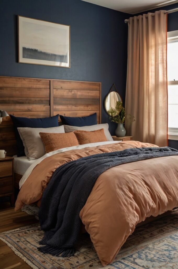 Cozy bedroom with midnight blue walls, soft ambient lighting, peach-toned duvet on a low-profile bed with cream and rust accent pillows, two rust-colored nightstand lamps on natural wood bedside tables, light beige rug on wooden flooring, beautiful wall art in warm neutral tones, large window with sheer white curtains gently diffusing natural light.