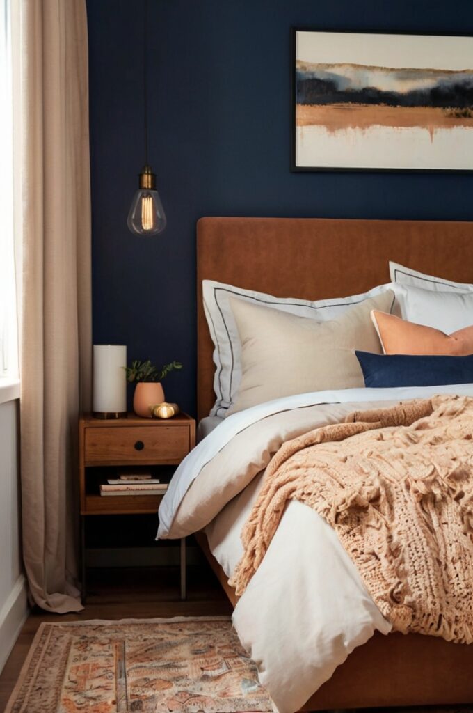 Cozy bedroom with midnight blue walls, soft ambient lighting, peach-toned duvet on a low-profile bed with cream and rust accent pillows, two rust-colored nightstand lamps on natural wood bedside tables, light beige rug on wooden flooring, beautiful wall art in warm neutral tones, large window with sheer white curtains gently diffusing natural light.