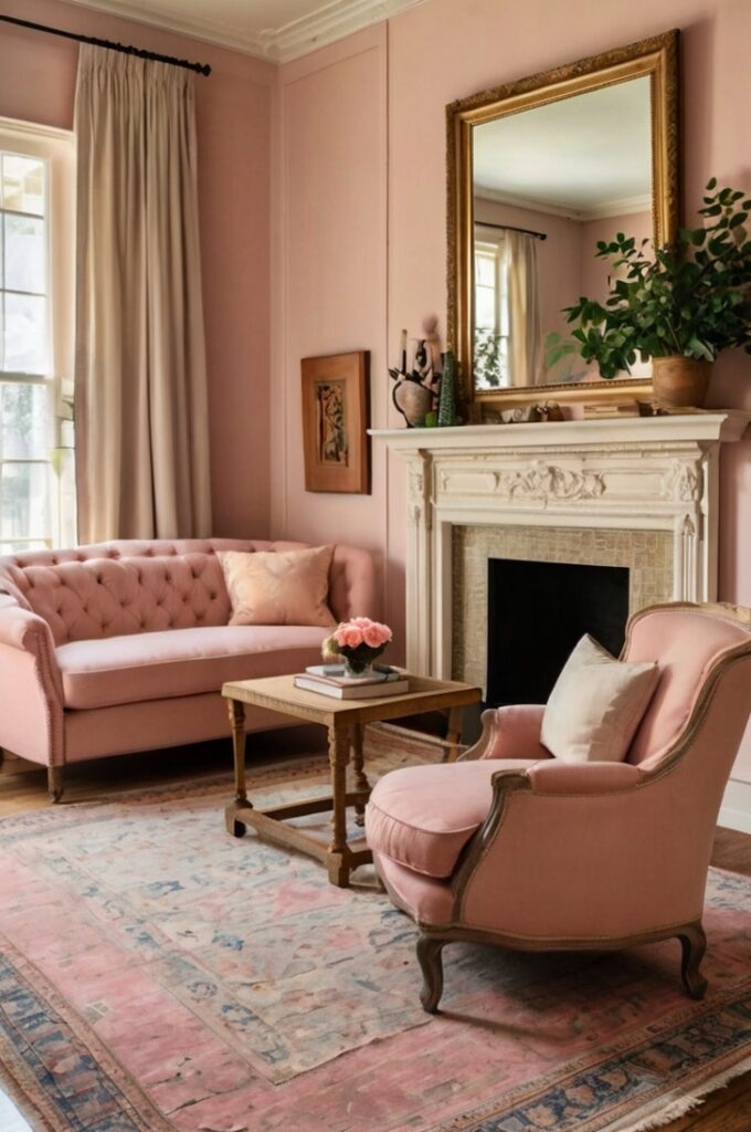 Cozy living room featuring a blush pink antique armchair with carved wooden details and a distressed reclaimed wood coffee table. The room has soft cream walls, a neutral-toned sofa with textured throw pillows, and a patterned vintage rug. Warm ambient light from a brass floor lamp highlights the timeless blend of blush accents and classic vintage furniture, creating a space full of character and charm.