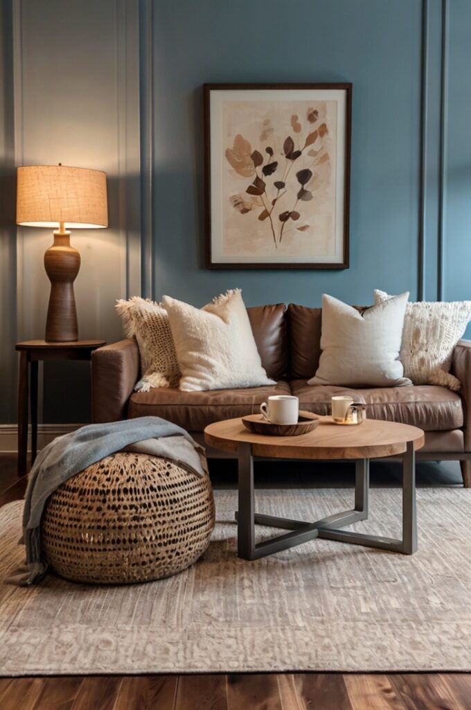 Cozy living room with dusty blue walls, mocha brown furniture and wooden accents, cream textiles and trim, warm ambient lighting, soft textures, inviting atmosphere, balanced cool and warm tones, relaxed and elegant design
