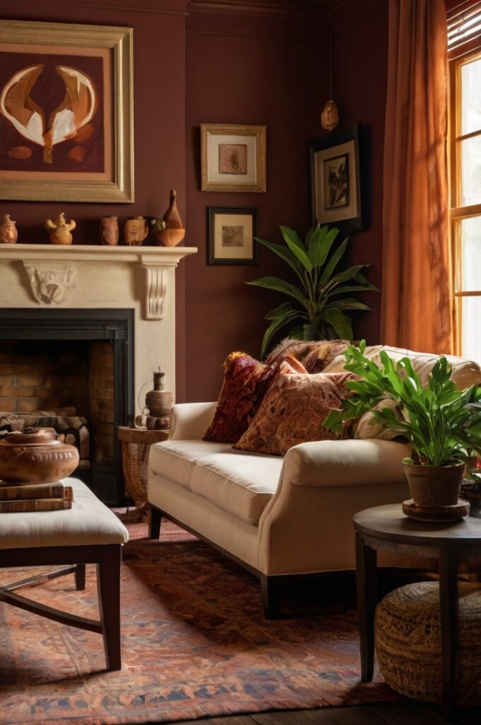 Cozy living room with rich Bordeaux walls, burnt sienna accents in textiles and decor, ivory furniture and trim, warm ambient lighting, vintage-inspired furnishings, layered textures, inviting and vibrant atmosphere, balanced deep and warm tones
