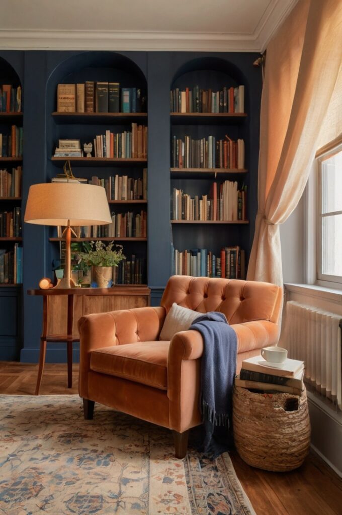 Cozy reading nook featuring a rust-colored armchair placed beneath a soft peach-toned archway, tall navy blue bookshelves filled with books lining the walls, warm golden lighting from a brass floor lamp casting a gentle glow, plush cream throw draped over the armchair, natural wood side table holding a steaming cup, textured beige rug anchoring the space, inviting atmosphere reminiscent of a peaceful sunset.