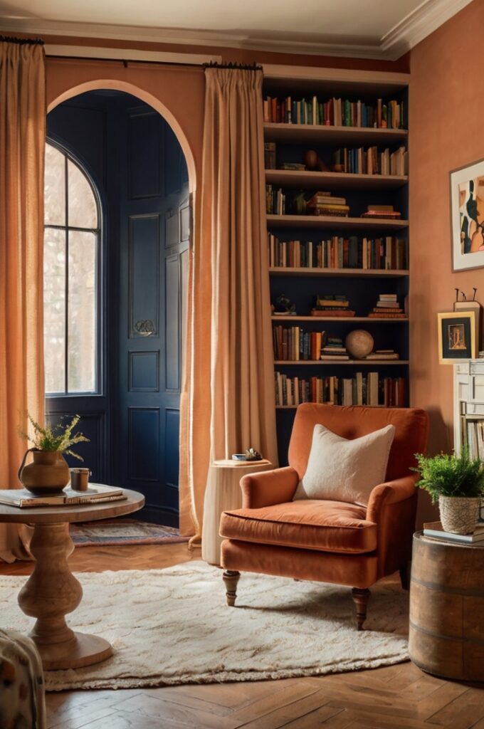 Cozy reading nook featuring a rust-colored armchair placed beneath a soft peach-toned archway, tall navy blue bookshelves filled with books lining the walls, warm golden lighting from a brass floor lamp casting a gentle glow, plush cream throw draped over the armchair, natural wood side table holding a steaming cup, textured beige rug anchoring the space, inviting atmosphere reminiscent of a peaceful sunset.