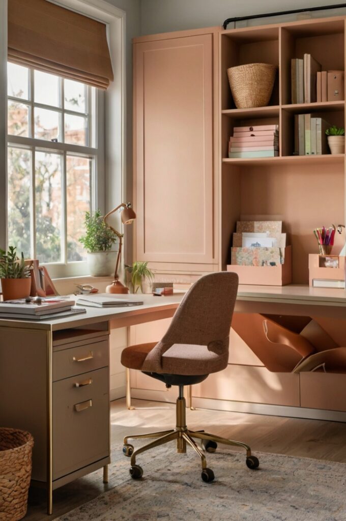 Creative workspace featuring built-in clay-colored storage cabinets with matte finishes, light wooden desk with cantaloupe-toned accents including a desk lamp, stationery organizers, and a fabric pinboard, large window with natural light illuminating the space, chair with a cushioned seat, and clean neutral walls creating an inspiring, joyful, and productive environment.