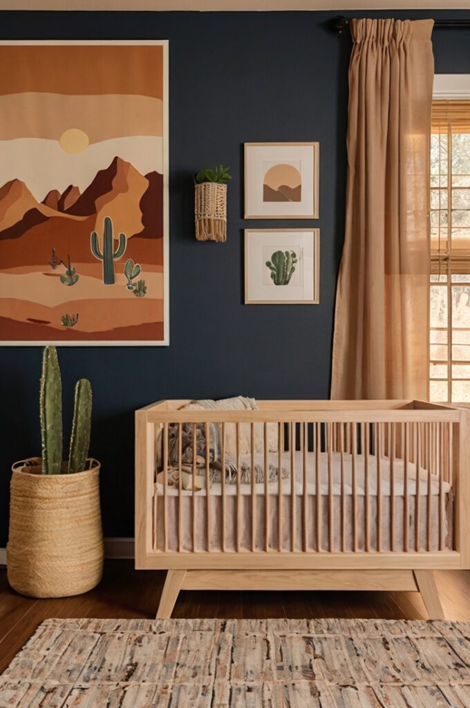 Desert sunset nursery with muted peach walls, rust-colored floor-length curtains framing a large window, crib dressed in soft midnight blue bedding with subtle texture, desert-themed wall decals featuring cacti and mountains in warm earthy tones, light wood changing table with minimal decor, woven natural fiber rug on light hardwood floor, gentle warm lighting creating a cozy, calming atmosphere.