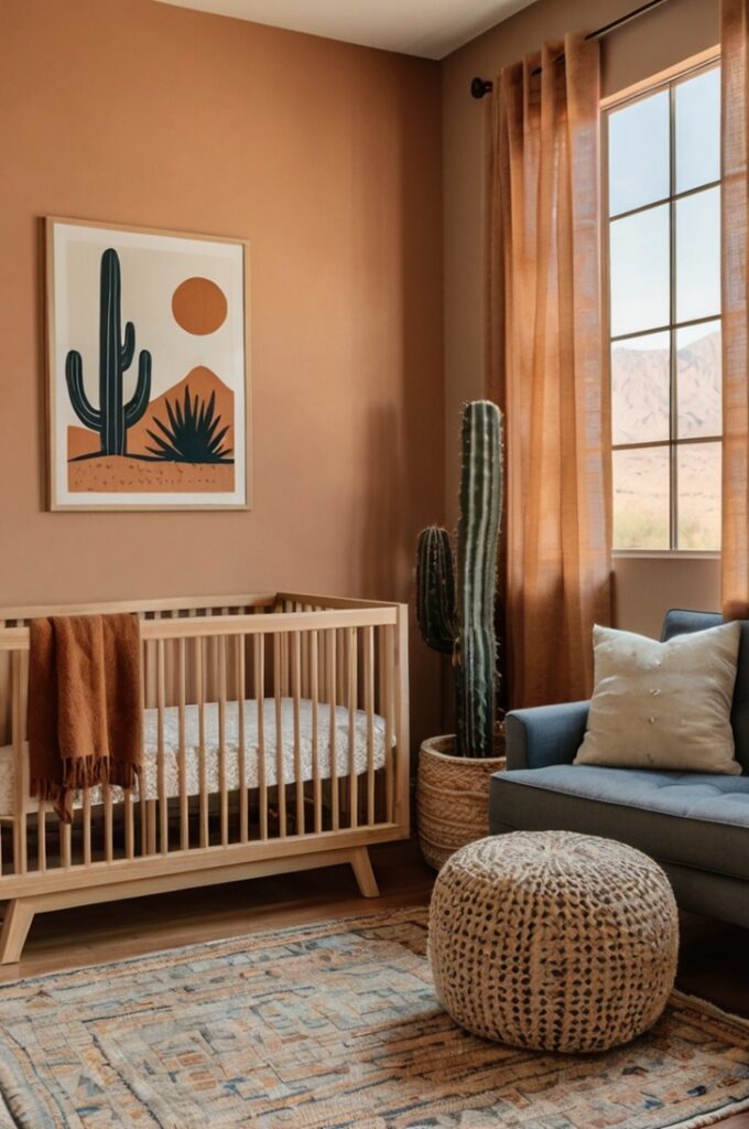 Desert sunset nursery with muted peach walls, rust-colored floor-length curtains framing a large window, crib dressed in soft midnight blue bedding with subtle texture, desert-themed wall decals featuring cacti and mountains in warm earthy tones, light wood changing table with minimal decor, woven natural fiber rug on light hardwood floor, gentle warm lighting creating a cozy, calming atmosphere.