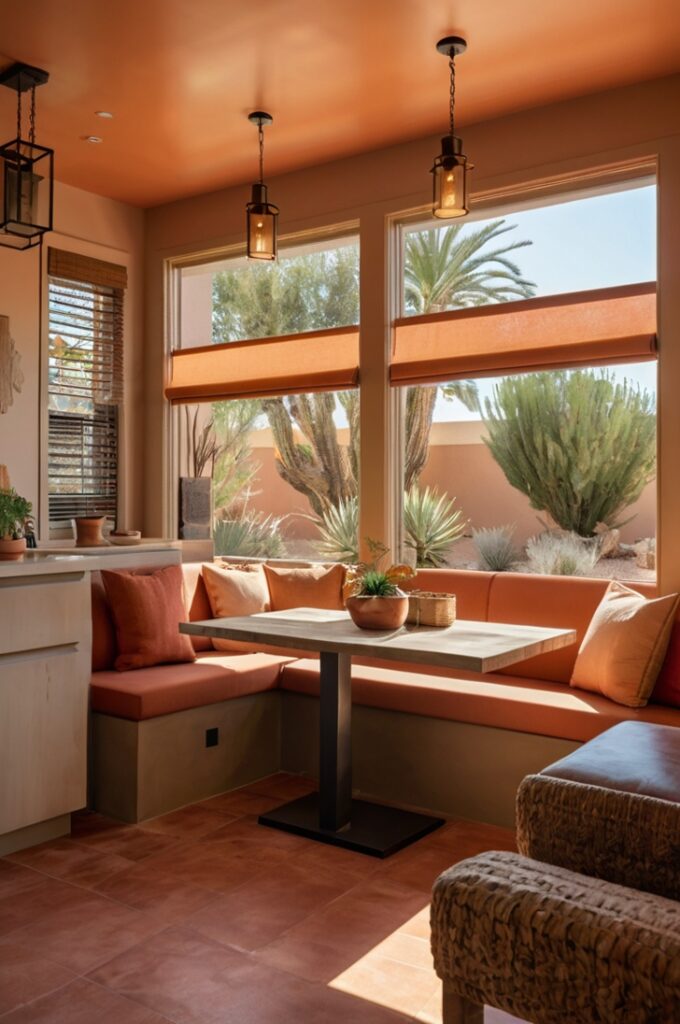 Desert sunset-inspired kitchen nook featuring rust-colored banquette seating with plush peach upholstery cushions, sleek wooden table with clean lines, modern pendant lights with warm amber glass shades hanging above, light beige walls reflecting soft natural light, terracotta floor tiles, small potted desert succulents as centerpiece, cozy and inviting atmosphere blending warm rust and peach tones.