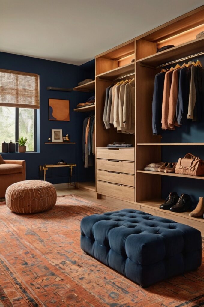 Desert sunset-inspired walk-in closet with deep midnight blue walls, built-in peach-colored drawers and open shelving for clothing and accessories, rust-toned rug with woven texture laid across light hardwood flooring, matching rust pouf placed near a full-length mirror with a brass frame, recessed ceiling lights casting warm illumination, elegant and vibrant atmosphere blending rich color with soft textures.