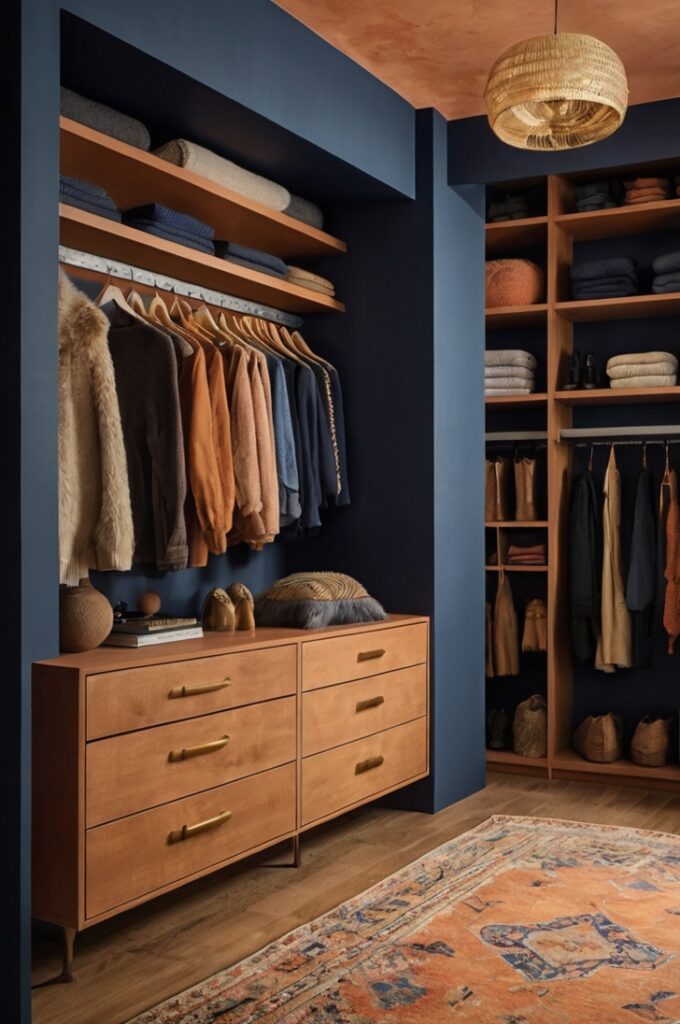Desert sunset-inspired walk-in closet with deep midnight blue walls, built-in peach-colored drawers and open shelving for clothing and accessories, rust-toned rug with woven texture laid across light hardwood flooring, matching rust pouf placed near a full-length mirror with a brass frame, recessed ceiling lights casting warm illumination, elegant and vibrant atmosphere blending rich color with soft textures.