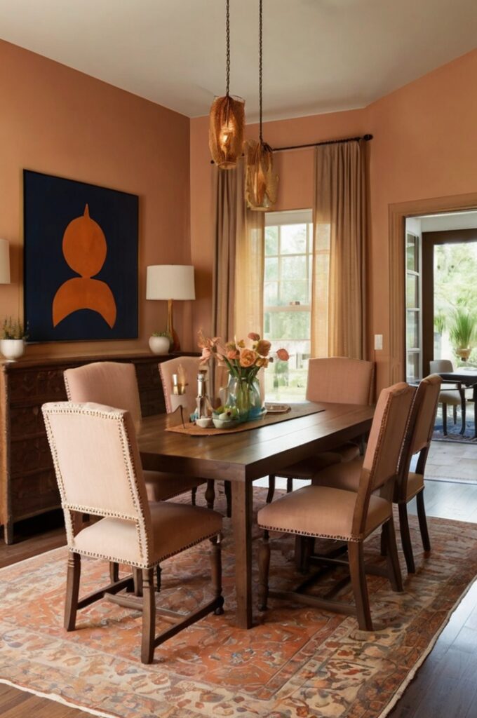 Dining room with soft peach-painted walls, a rectangular wooden dining table draped in a rich rust-colored linen tablecloth, six natural wood chairs with beige cushions arranged around the table, navy abstract artwork in bold frames hung symmetrically on the main wall, warm pendant light hanging centered above the table, light hardwood floors with a neutral woven rug underneath, elegant and inviting atmosphere inspired by desert sunsets.