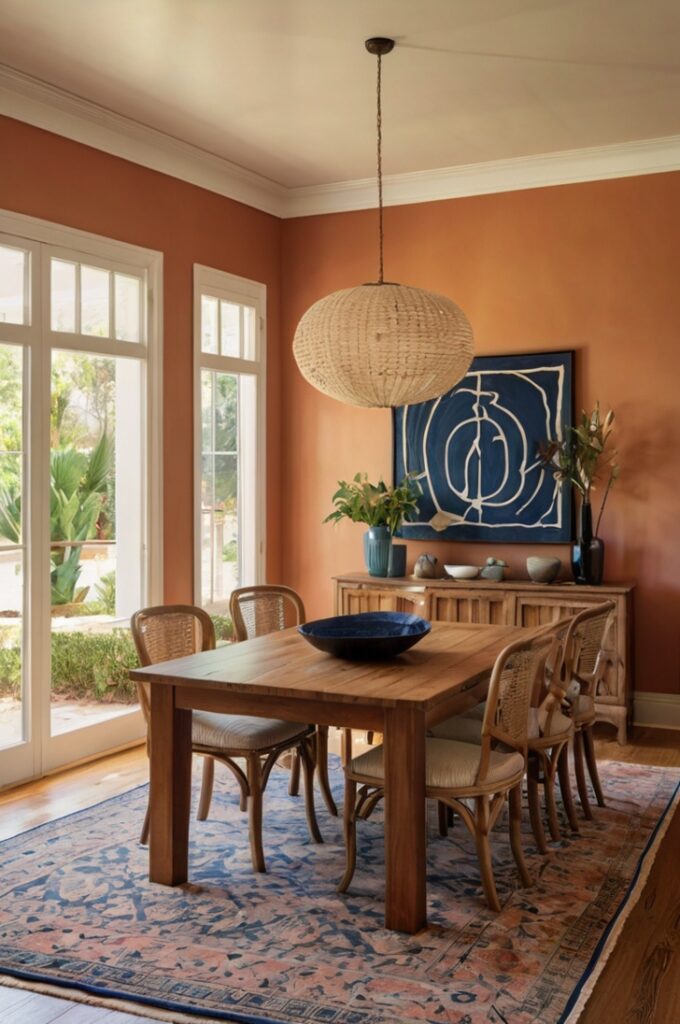 Dining room with soft peach-painted walls, a rectangular wooden dining table draped in a rich rust-colored linen tablecloth, six natural wood chairs with beige cushions arranged around the table, navy abstract artwork in bold frames hung symmetrically on the main wall, warm pendant light hanging centered above the table, light hardwood floors with a neutral woven rug underneath, elegant and inviting atmosphere inspired by desert sunsets.