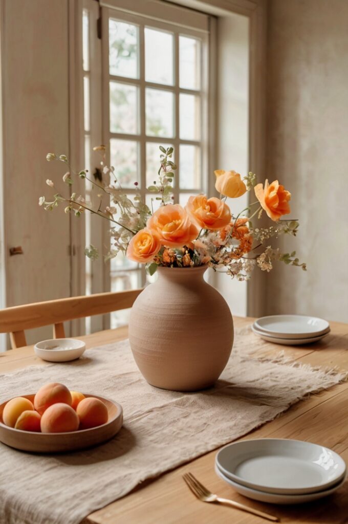 Dining table with a handcrafted clay vase placed at the center, filled with fresh cantaloupe-colored flowers with soft petals and natural stems, set on a linen table runner over a light wood surface, surrounded by simple ceramic dishware, neutral-toned chairs, and ambient natural light creating a fresh, artisanal, and nature-inspired setting.
