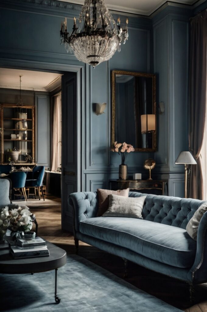Dramatic Parisian living room with dusty blue walls, deep charcoal wrought iron balconies, cream upholstery and accents, moody sophisticated atmosphere, soft diffused lighting resembling fog, elegant vintage details, balanced cool and warm tones
