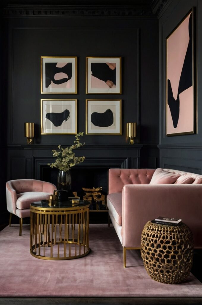 Dramatic living room with black walls, featuring a blush pink velvet armchair and a matching pouf that create striking contrast. The space includes a black metal coffee table, a dark wood floor, and ambient lighting from a brass floor lamp. Beautiful artwork in neutral tones hangs on the moody wall, enhancing the bold, sophisticated atmosphere.