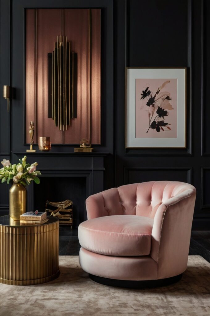 Dramatic living room with black walls, featuring a blush pink velvet armchair and a matching pouf that create striking contrast. The space includes a black metal coffee table, a dark wood floor, and ambient lighting from a brass floor lamp. Beautiful artwork in neutral tones hangs on the moody wall, enhancing the bold, sophisticated atmosphere.